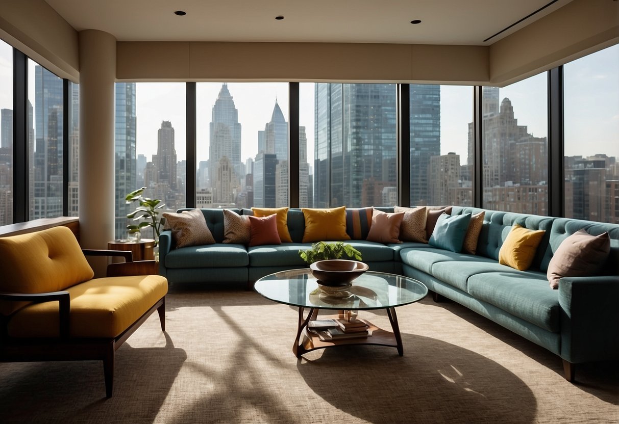 A spacious, well-lit room filled with an assortment of furniture: sofas, chairs, tables, and lamps. The walls are adorned with colorful artwork, and large windows provide a view of the bustling city street outside