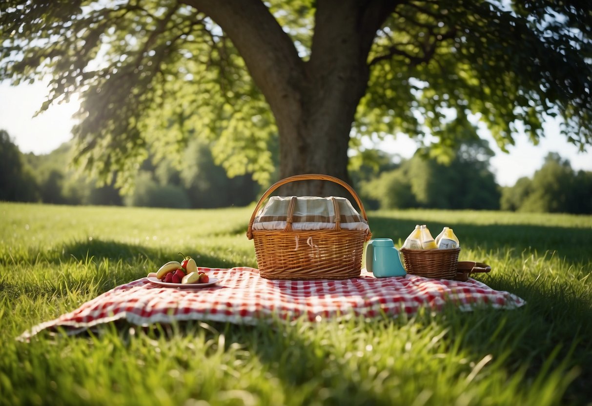 A colorful picnic blanket spread out in a lush meadow, with a cooler, basket, and snacks arranged neatly. Sunlight filters through the trees, casting dappled shadows on the scene