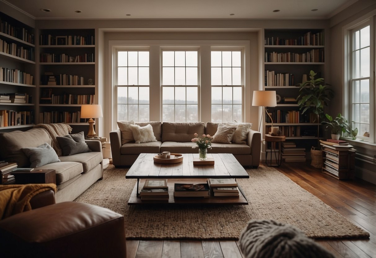 A cozy living room with a large window, a comfortable sofa, and a coffee table. A bookshelf filled with books and a warm rug on the floor
