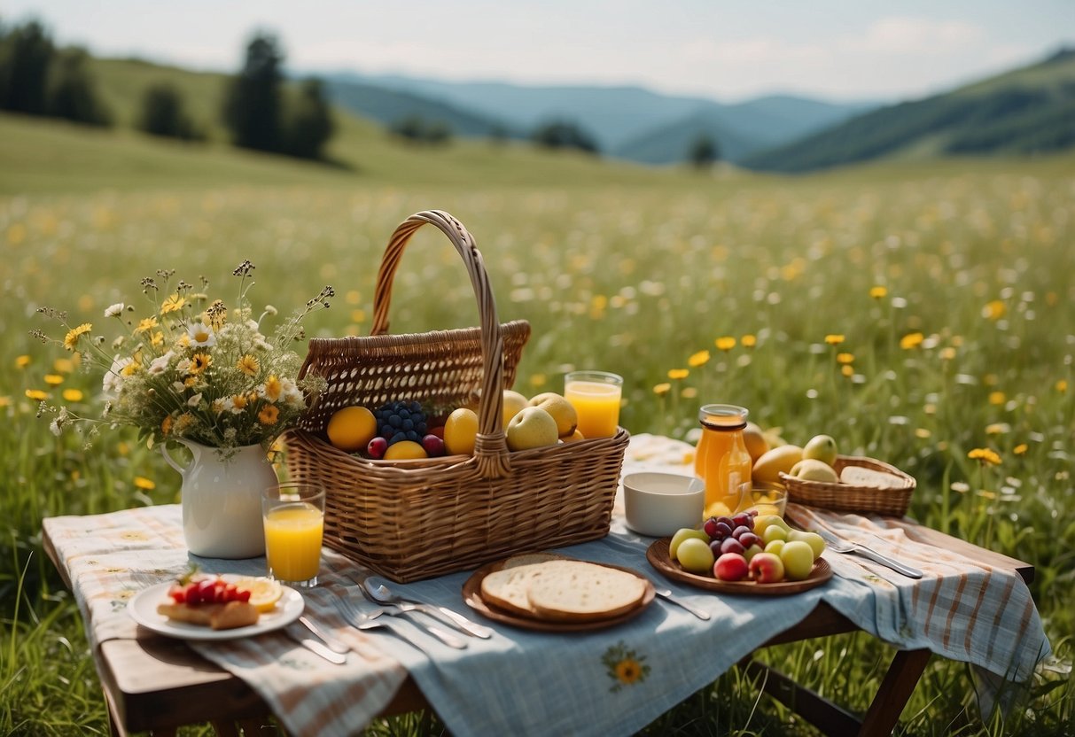 A picnic blanket spread out in a lush meadow with eco-friendly utensils, reusable plates, and a wicker basket filled with fresh fruits and sandwiches. Wildflowers and butterflies dot the landscape