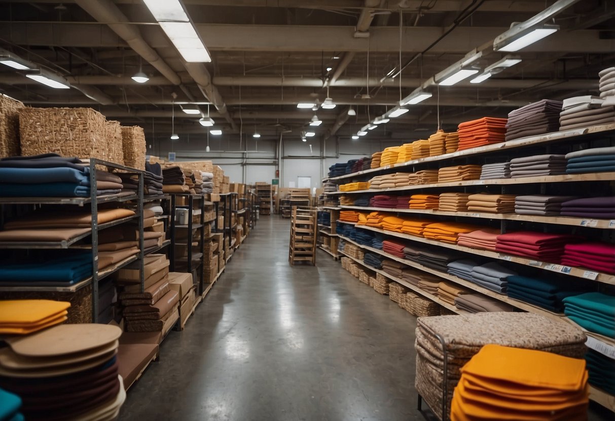 A warehouse filled with stacks of chairs, tables, and booths. Shelves hold neatly organized tableware and cutlery. Brightly colored fabric swatches are pinned to a corkboard for choosing upholstery