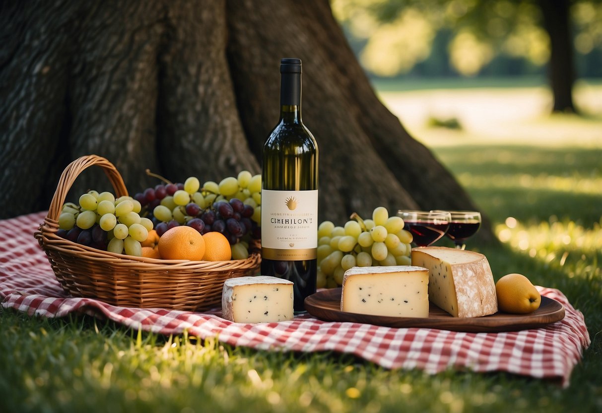 A checkered blanket spread under a sprawling oak tree in a sun-dappled meadow, with a wicker picnic basket, a bottle of wine, and a selection of cheeses and fruits laid out for a leisurely afternoon