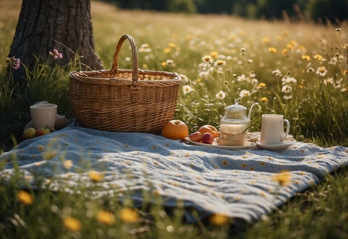 A lush meadow with rolling hills, dotted with wildflowers and tall grass. A clear blue sky above, with a gentle breeze rustling the leaves of nearby trees. A picnic blanket spread out on the soft grass, surrounded by a wicker basket