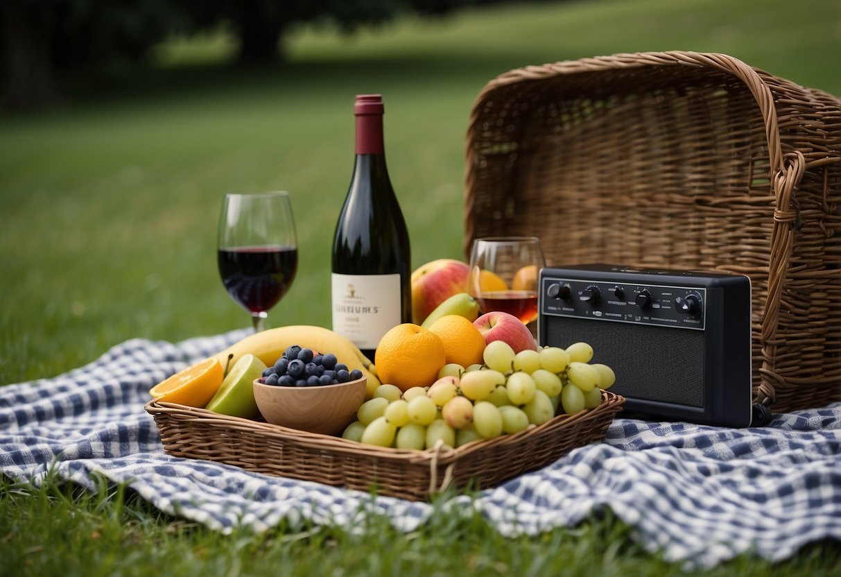 A checkered blanket lays spread out on the lush green grass of a meadow. A wicker basket sits open, revealing an assortment of fresh fruits, sandwiches, and a bottle of wine. A small portable speaker softly plays music in the background