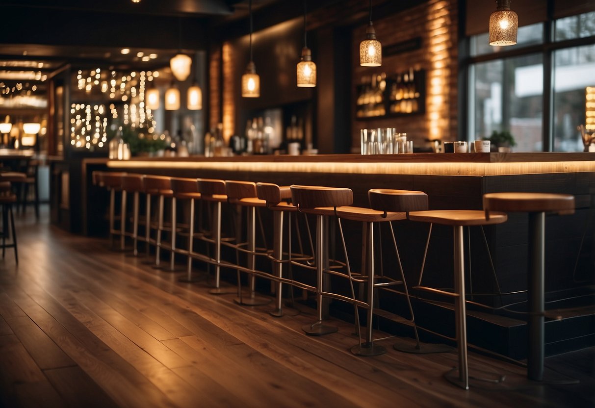 A cozy restaurant with wooden tables, comfortable chairs, and warm lighting. A bar area with high stools and modern decor