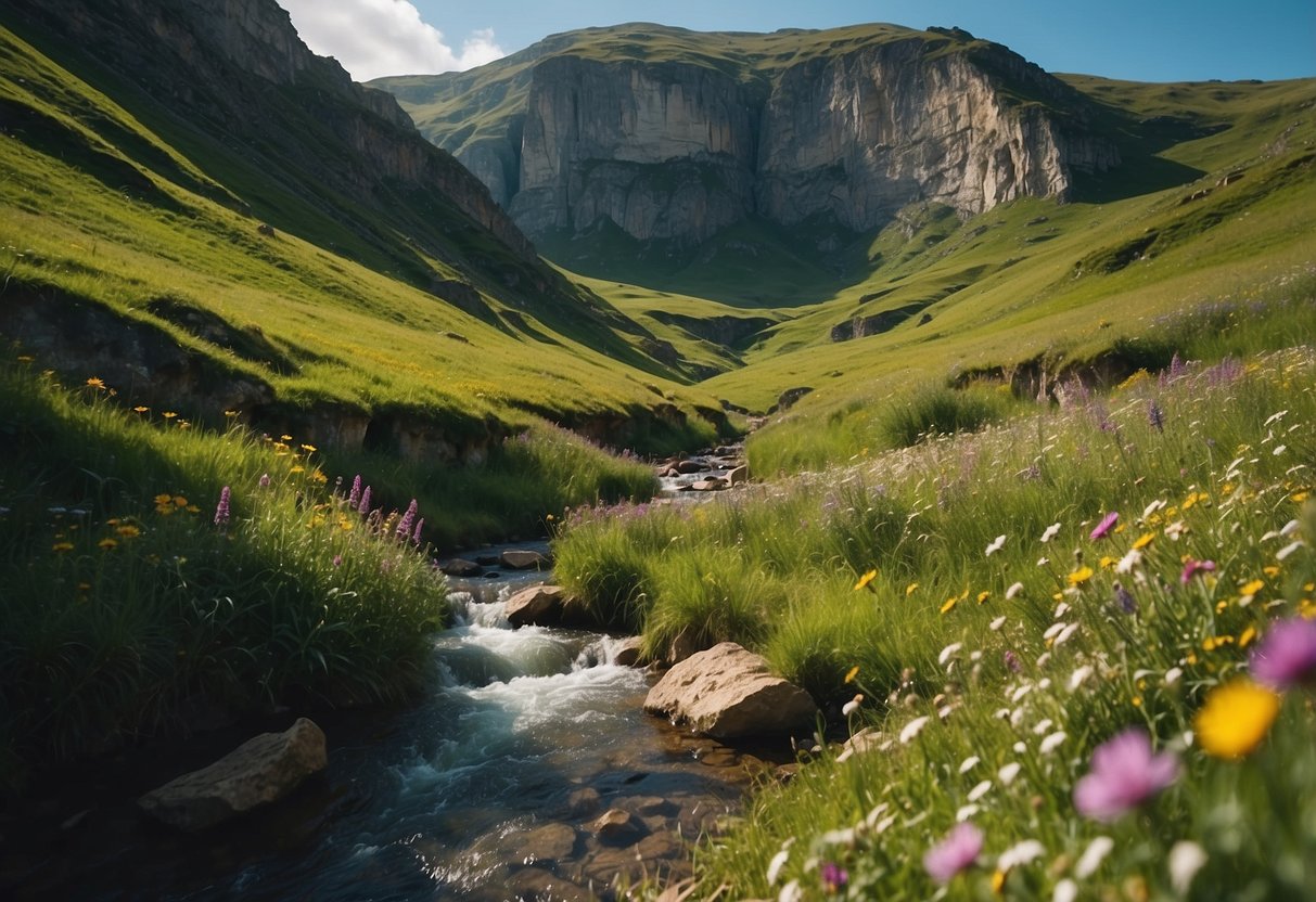 Lush green meadows surrounded by towering caves, with a babbling brook and colorful wildflowers. A perfect picnic setting