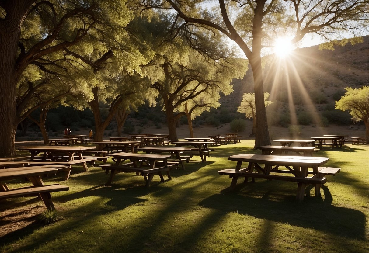 Sunlight filters through the trees onto a grassy clearing near the entrance of Kartchner Caverns. Picnic tables are scattered around, inviting visitors to enjoy a meal before or after exploring the caves