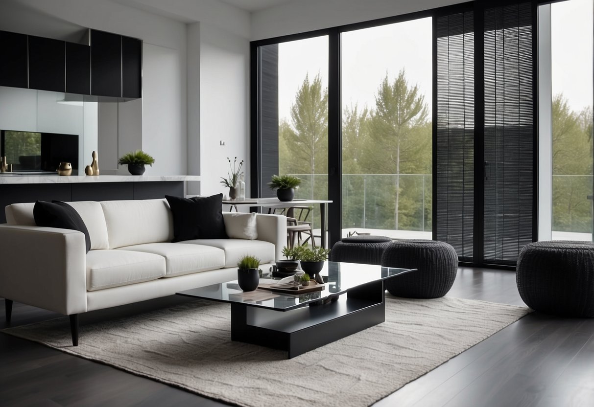 A modern living room with black and white furniture arranged in a sleek and minimalist style