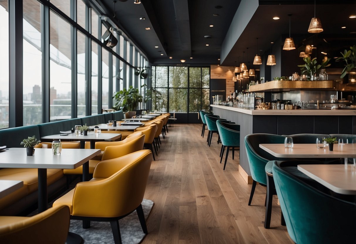A modern, sleek restaurant with comfortable, stylish furniture arranged to maximize space and create a welcoming atmosphere. The design reflects a focus on enhancing the customer experience