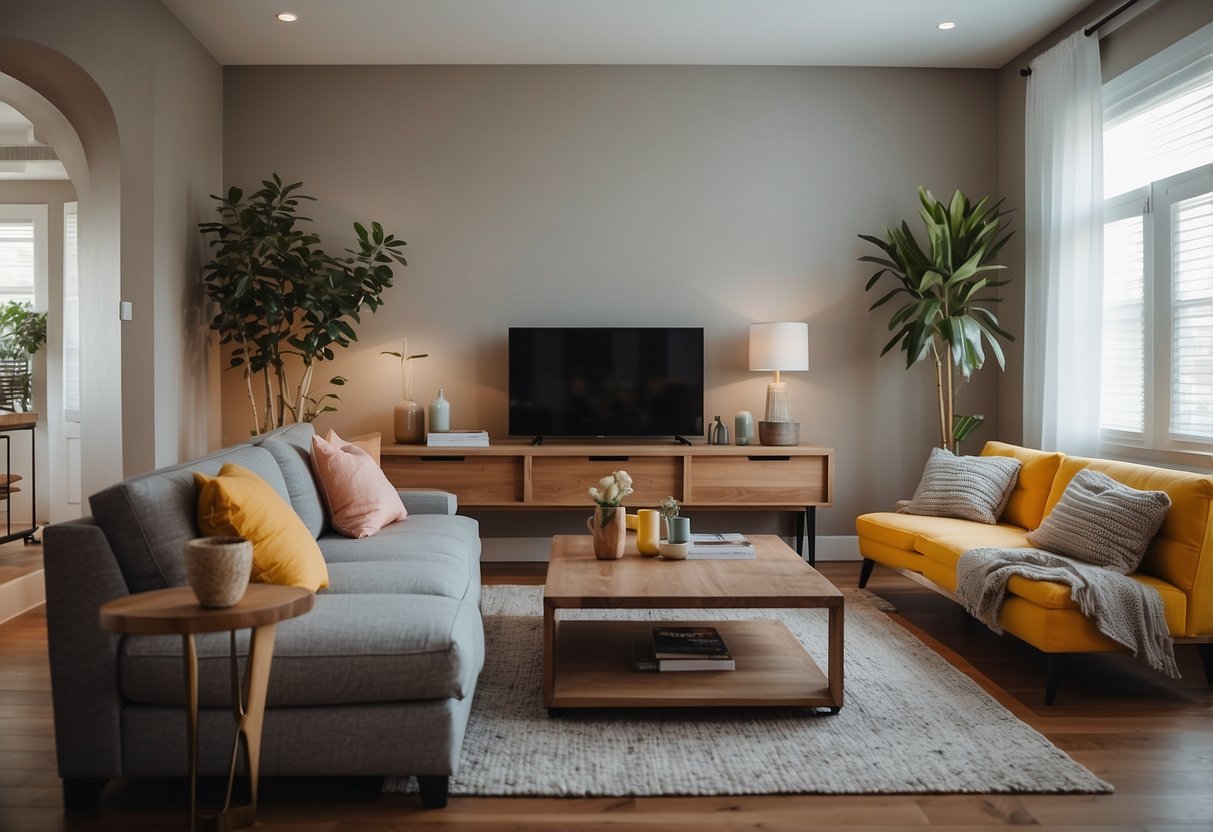 A modern, cozy living room with versatile furniture for renters. Bright colors, space-saving designs, and functional decor