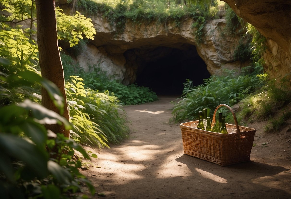 Lush greenery surrounds the entrance of a cave, with a tranquil stream nearby. Sunlight filters through the trees, creating dappled patterns on the ground. A picnic blanket is spread out, with a wicker basket and a bottle of wine