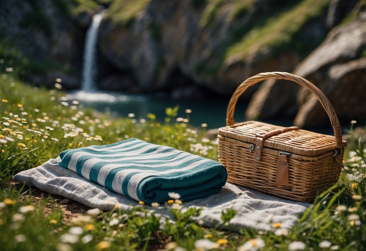 A picnic blanket laid out near a cave entrance, surrounded by lush greenery and wildflowers. A picnic basket, sunscreen, and first aid kit are placed nearby