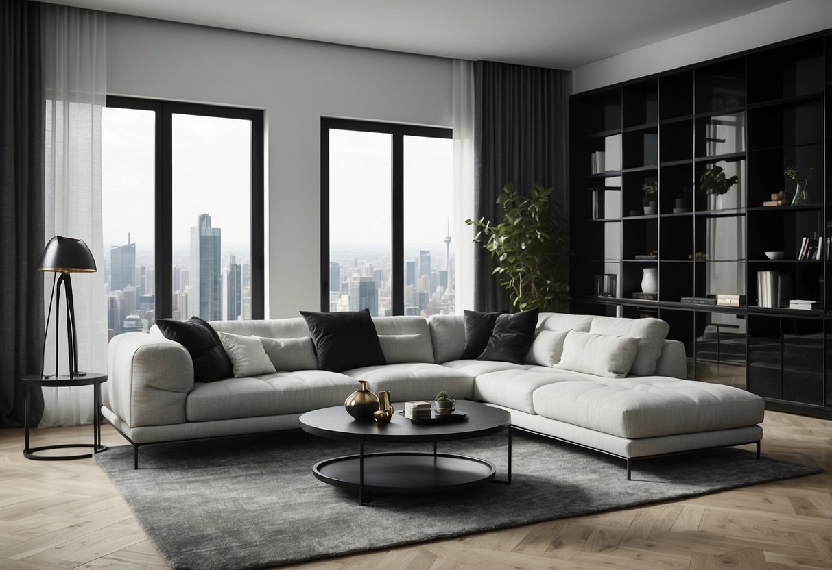 A modern living room with black and white furniture, sleek lines, and minimalistic decor
