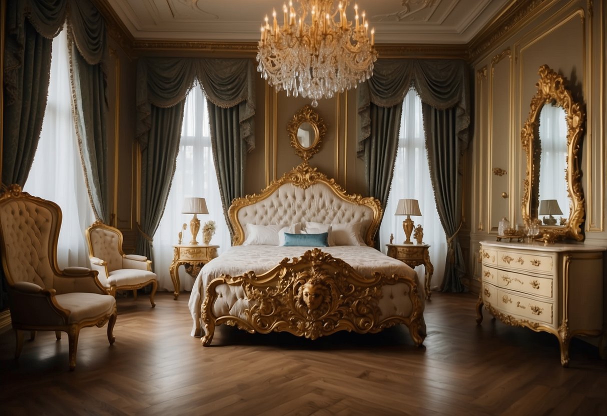 A lavish rococo bedroom with ornate furniture and intricate carvings. Rich, gilded details adorn the bed, dressers, and chairs, creating a luxurious and opulent atmosphere