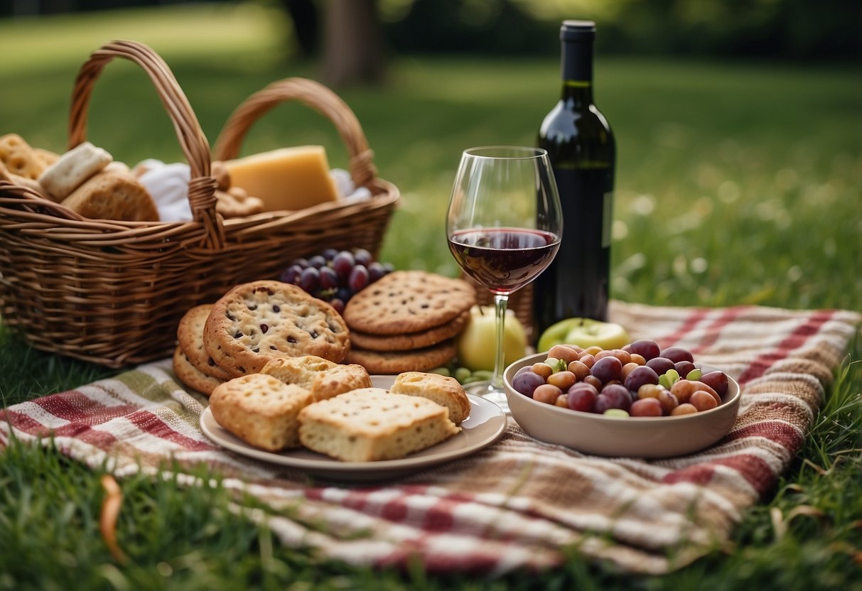 A cozy blanket spread out on lush green grass, surrounded by a wicker basket filled with delicious treats, a bottle of wine, and colorful napkins fluttering in the breeze