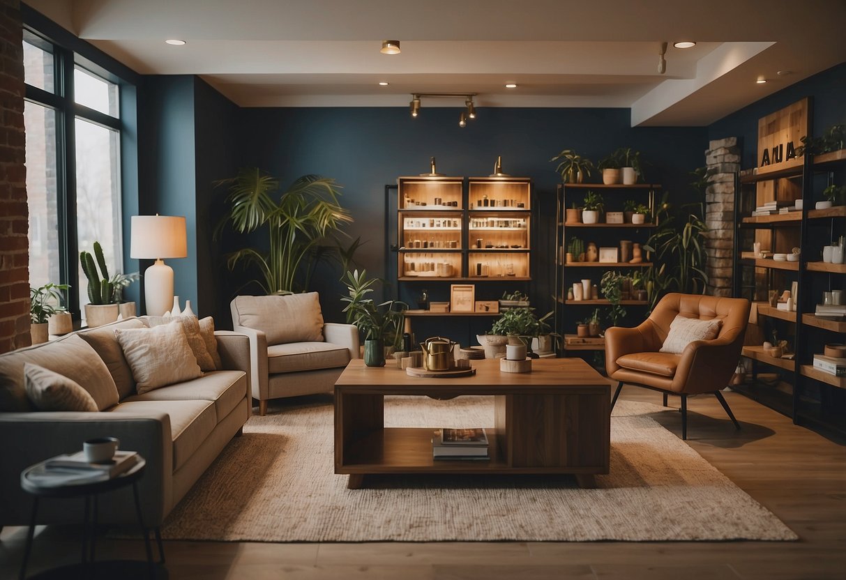 A room with various furniture displays, signage for "Rooms for Rent", and a counter with a "Frequently Asked Questions" section in a furniture store