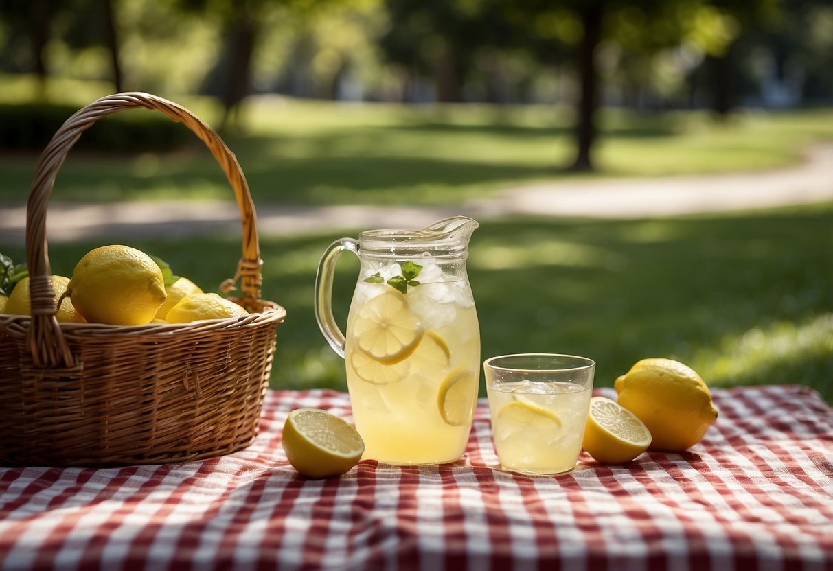 A pitcher of homemade lemonade sits on a checkered picnic blanket, surrounded by a wicker basket, sunhat, and a book, with a lush green park in the background