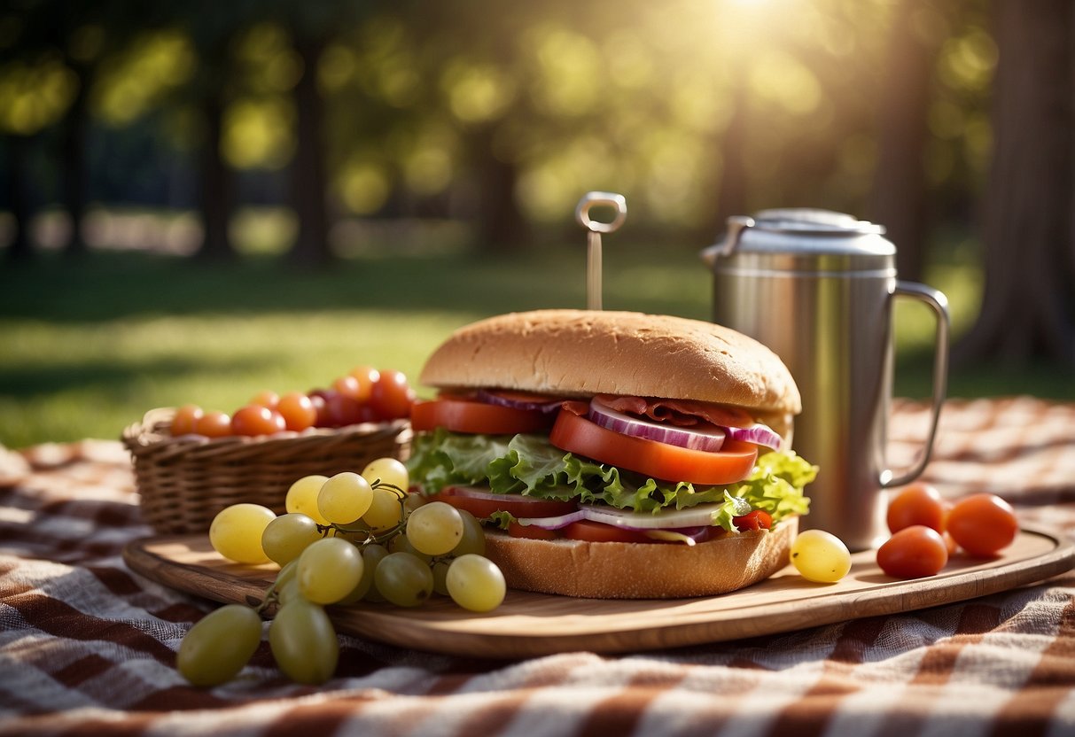 A classic BLT sandwich sits on a checkered picnic blanket surrounded by a wicker basket, a thermos, and a bunch of grapes. The sun is shining, and a gentle breeze rustles the leaves of nearby trees