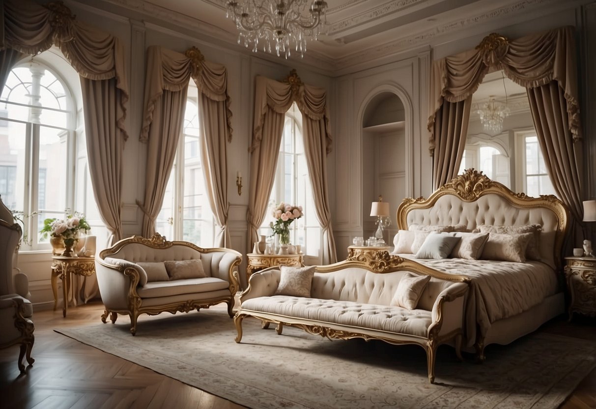 A lavish bedroom filled with ornate rococo furniture, featuring intricate carvings, delicate curves, and luxurious upholstery
