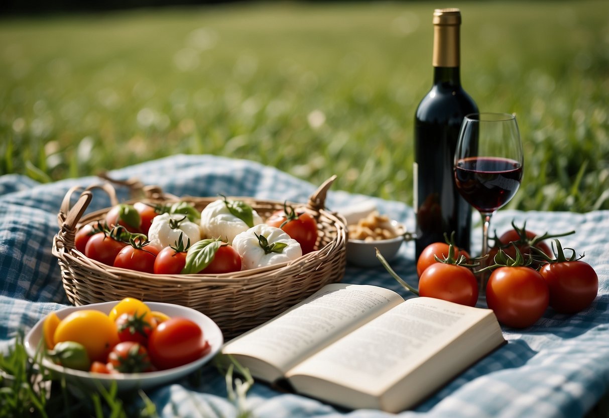 A picnic blanket spread out on green grass with a wicker basket filled with Caprese skewers, a bottle of wine, and a book. A sunny day with a blue sky and a few fluffy clouds overhead