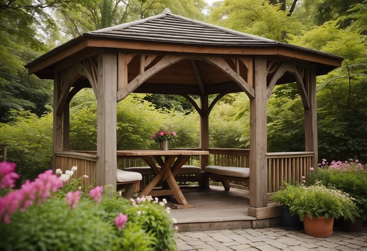 A cozy gazebo with a wooden table, chairs, and cushions, surrounded by lush greenery and blooming flowers