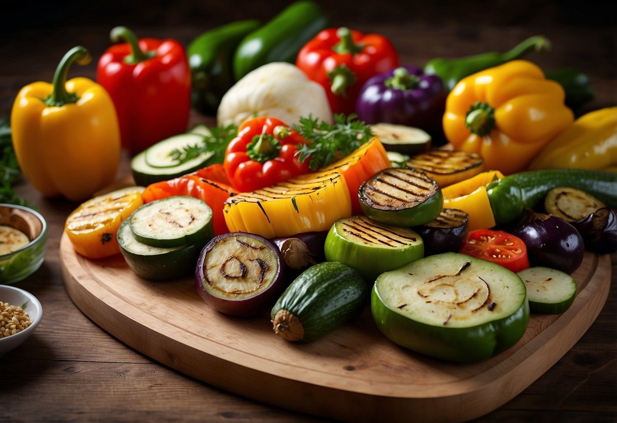 A colorful assortment of grilled vegetables, including bell peppers, zucchini, and eggplant, are neatly arranged on a wooden cutting board next to a stack of soft, pliable wraps