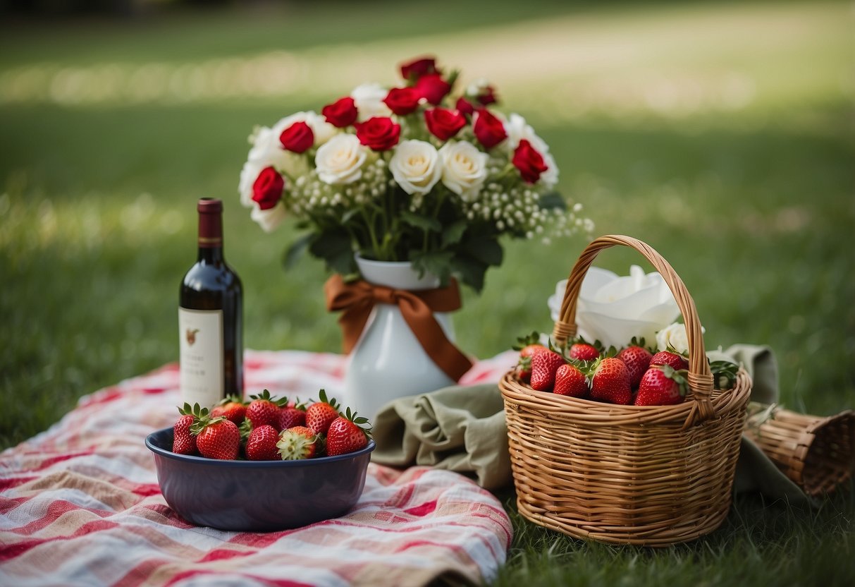 A picnic blanket spread out on green grass with a basket filled with chocolate-dipped strawberries, a bottle of wine, and a bouquet of fresh flowers