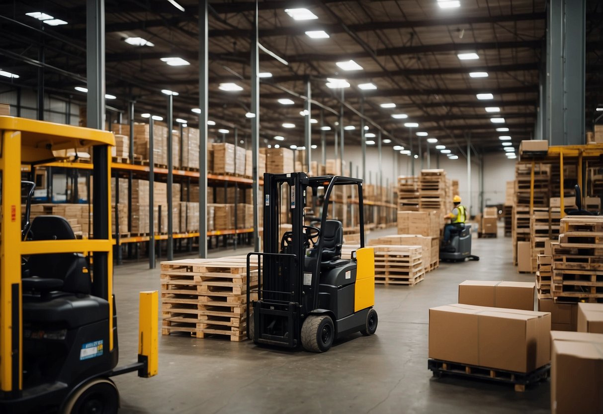 A warehouse filled with neatly stacked chairs, tables, and booths. A forklift moves pallets of furniture, while workers label and organize inventory