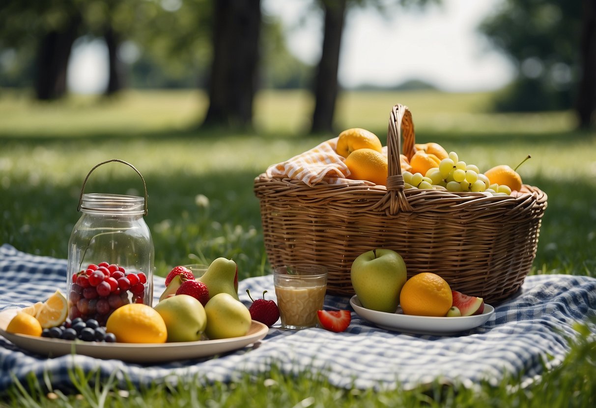 A picnic blanket spread out on lush green grass, with a mason jar parfait placed next to a woven basket filled with fruits and snacks. A sunny day with a light breeze, surrounded by trees and nature