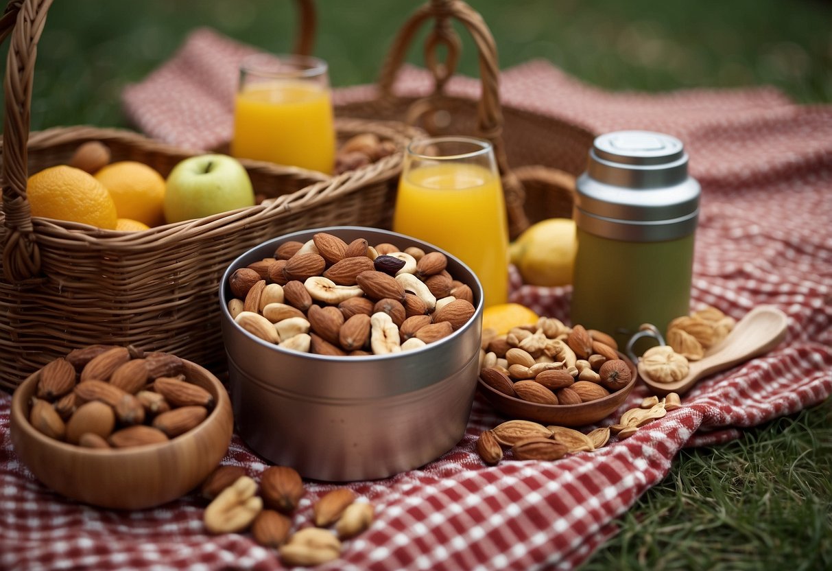 A colorful assortment of nuts, seeds, and dried fruits scattered on a checkered picnic blanket, surrounded by a wicker basket and a thermos of refreshing drinks