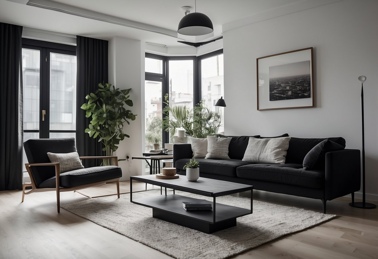 A modern living room with sleek black and white furniture arranged in a stylish and functional layout