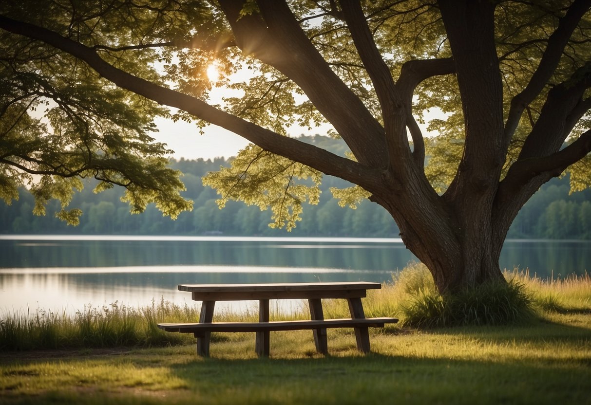 A serene lakeside with a grassy area, surrounded by tall trees for shade. A wooden picnic table and benches are placed under a canopy, with a clear view of the water