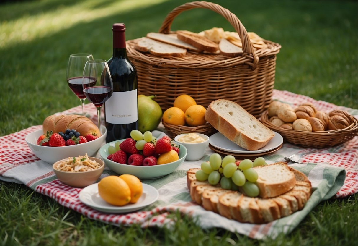 A picnic blanket spread out on green grass, surrounded by a wicker basket, colorful plates, cups, and utensils, a bottle of wine, a loaf of bread, and a variety of fresh fruits and cheeses