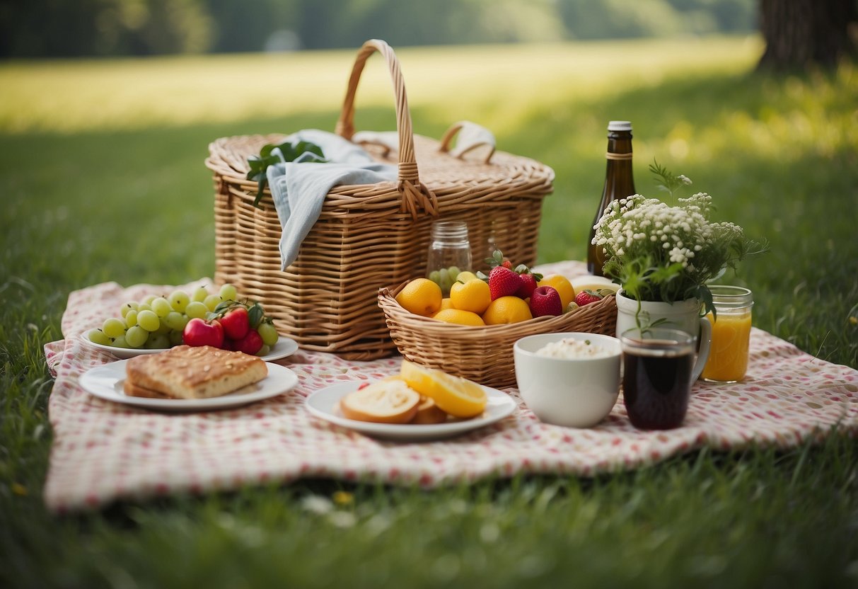 A picnic blanket spread out on lush green grass with a wicker basket filled with delicious food and drinks. A colorful array of flowers and a gentle breeze complete the tranquil scene