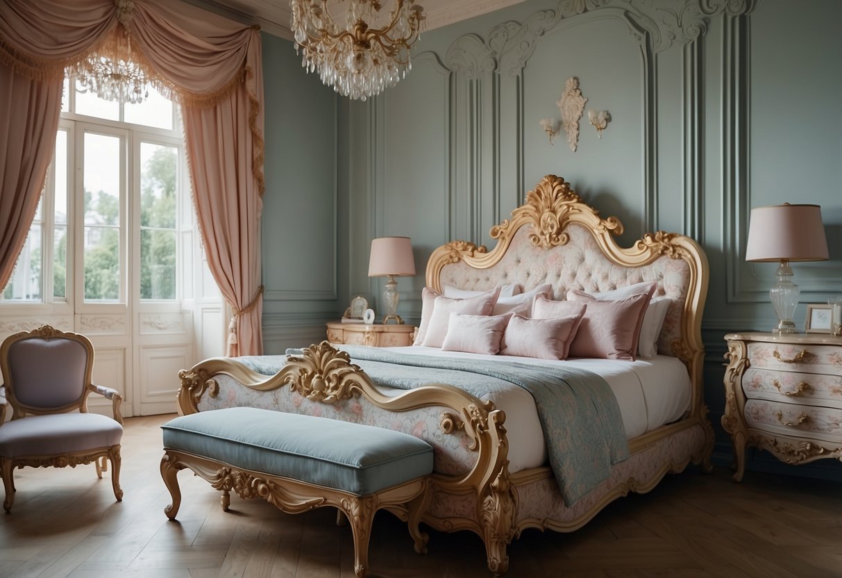 A modern bedroom with ornate rococo furniture, featuring intricate carvings, curved lines, and pastel colors