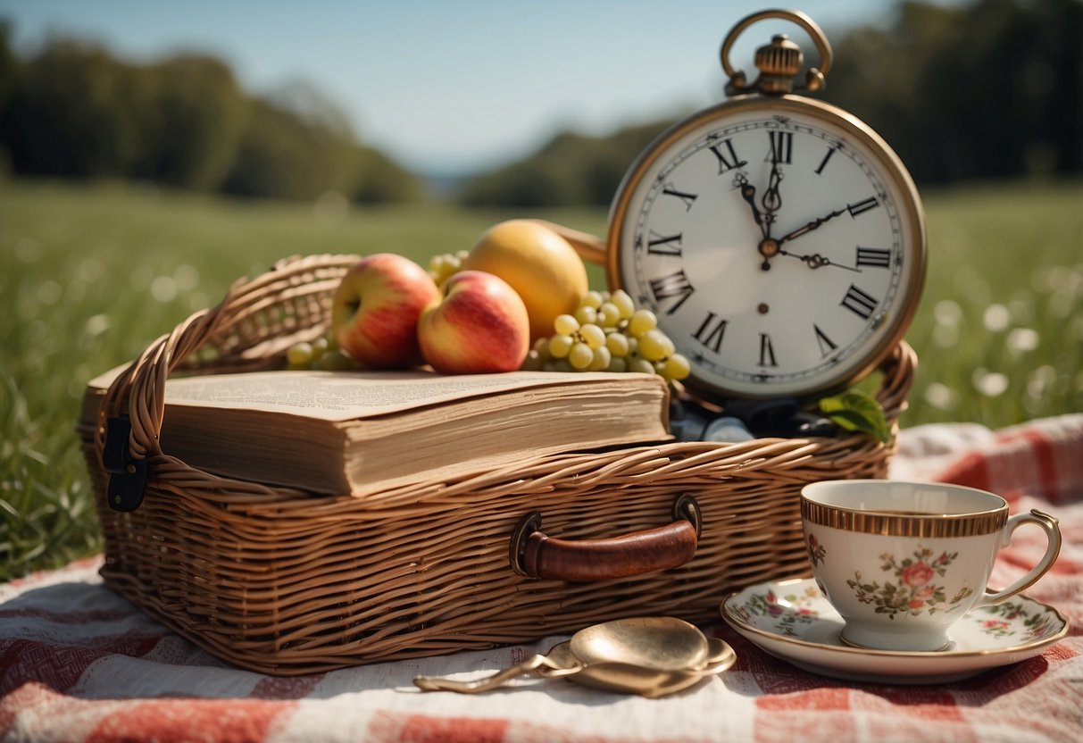 A picnic blanket spread with vintage dishes, a wicker basket, and a parasol. Surrounding the scene are historical props such as old books, a pocket watch, and a quill pen