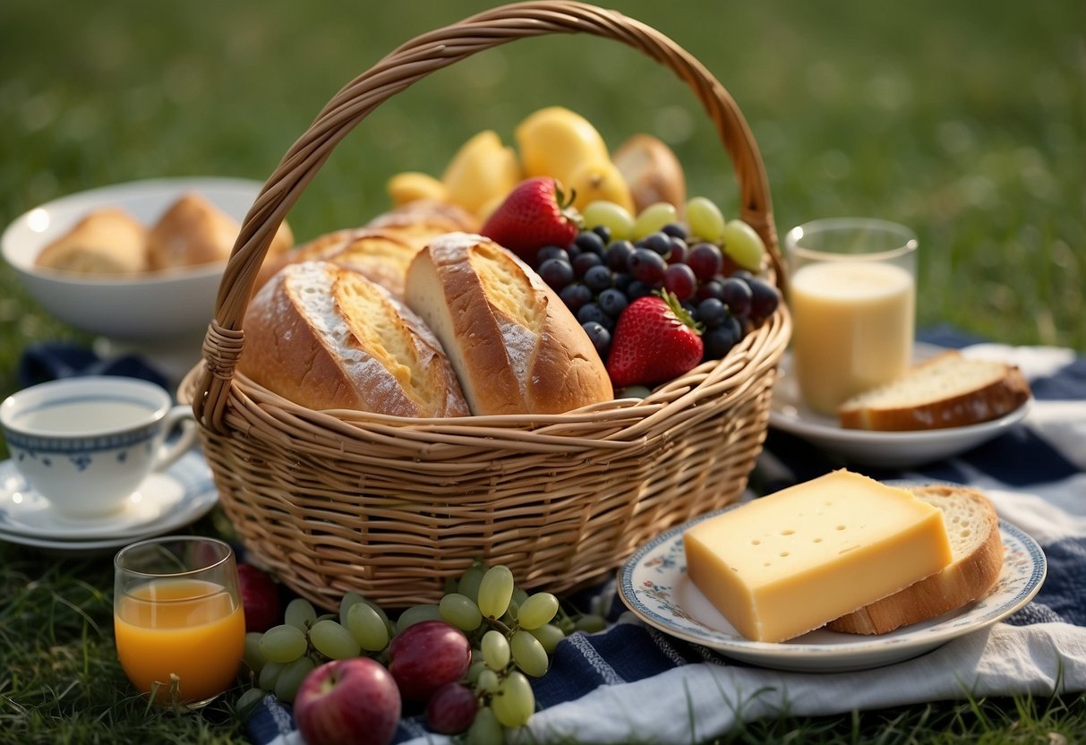 A wicker basket filled with crusty bread, cheese, fruits, and pastries sits on a checkered blanket in a grassy meadow, surrounded by vintage glassware and porcelain plates