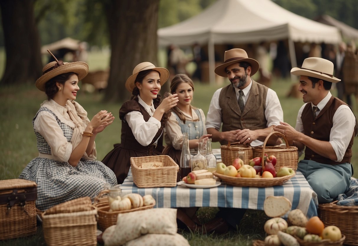 A group of people in period costumes enjoy a picnic with historical theme. They sit on a checkered blanket surrounded by vintage props and baskets of food