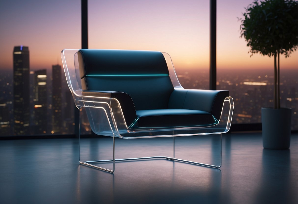 A sleek, minimalist chair hovers above the ground, emitting a soft glow. The table is made of transparent material, with holographic displays floating above it