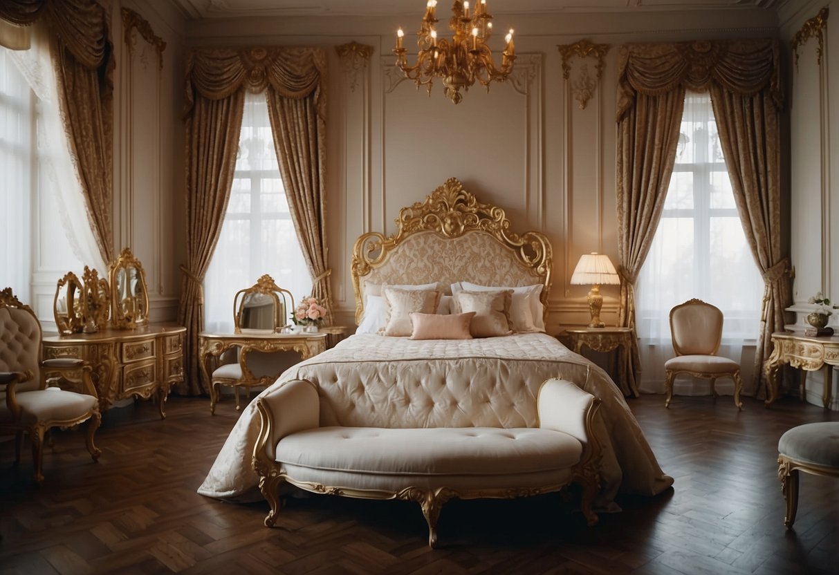 A luxurious rococo bedroom filled with ornate furniture, intricate carvings, and delicate details. Rich, opulent fabrics drape over the bed and chairs, creating a sense of elegance and extravagance