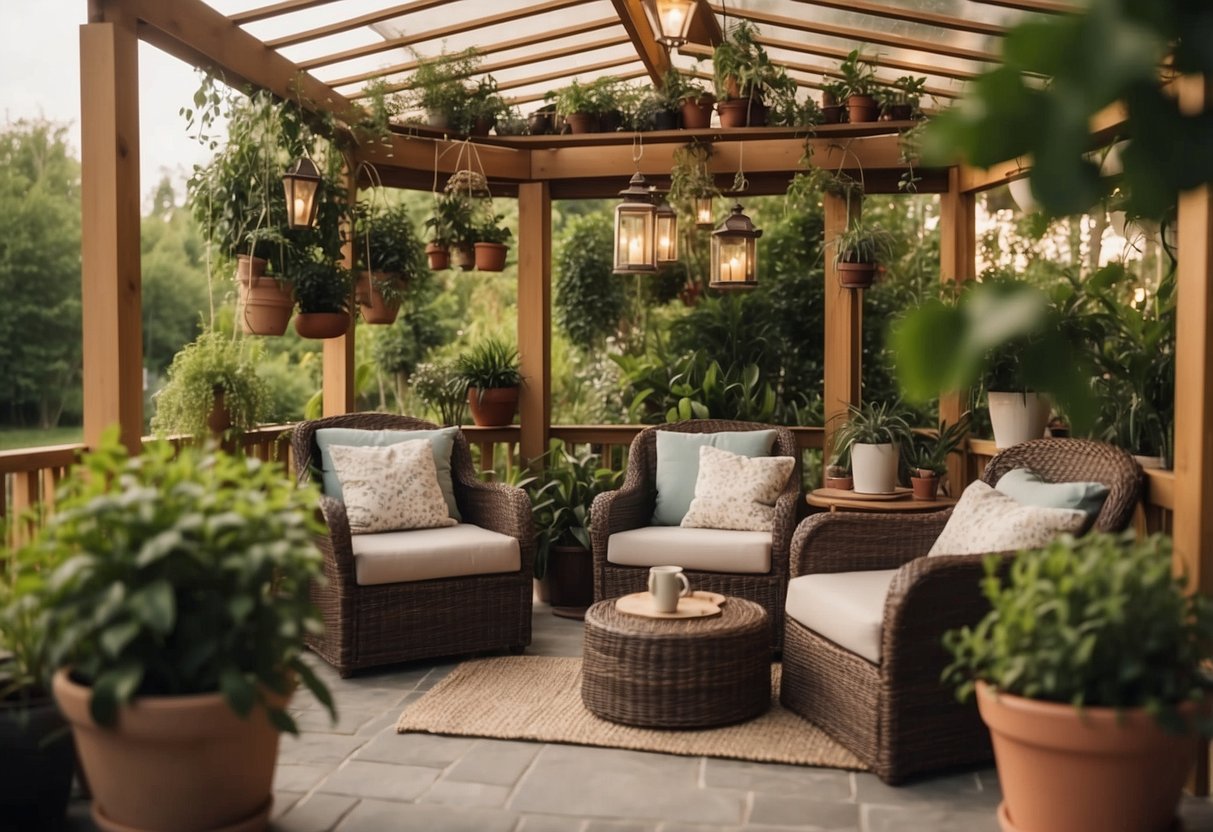 A cozy gazebo with rattan chairs, a small table, and soft cushions. Hanging lights and potted plants add a touch of elegance to the space