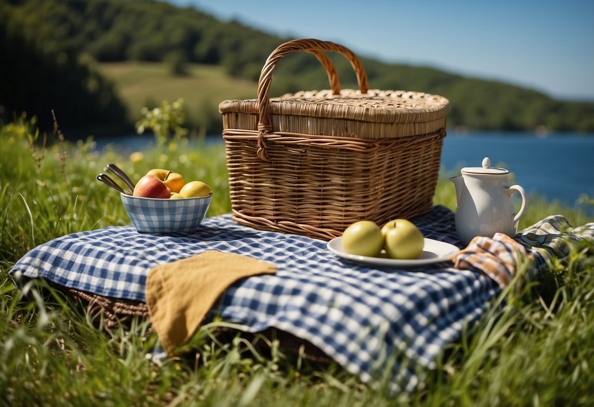 A picnic blanket spread with antique utensils, a vintage wicker basket, and a checkered tablecloth set against a backdrop of lush greenery and a clear blue sky