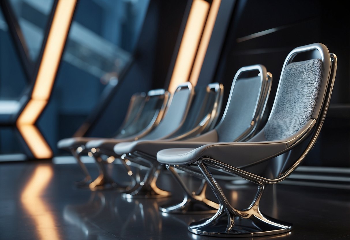 The sleek, metallic furniture features clean lines and geometric shapes. LED lights embedded in the surfaces emit a soft, futuristic glow. Glass and chrome accents add a touch of modern elegance