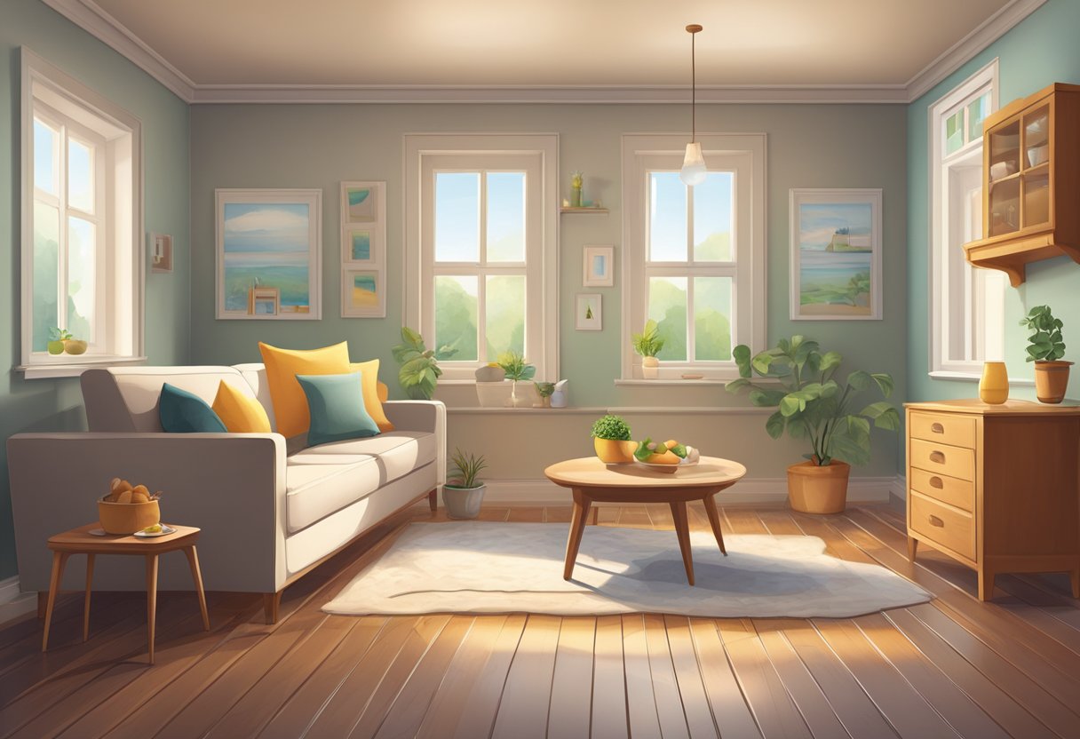A room with open windows, a bowl of vinegar on the floor, and baking soda sprinkled on the furniture