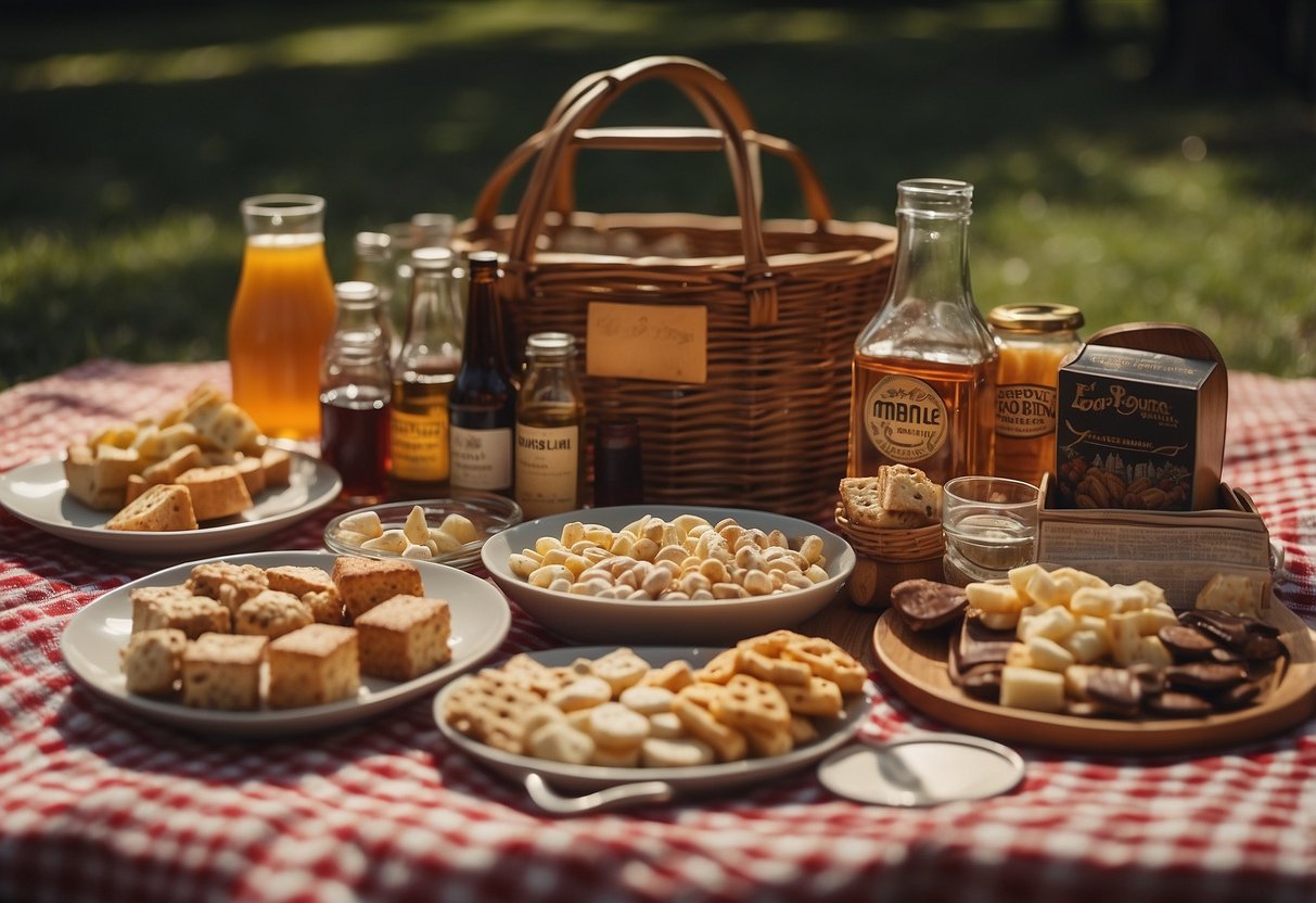 A picnic blanket spread with historical board games, surrounded by period-appropriate snacks and decor