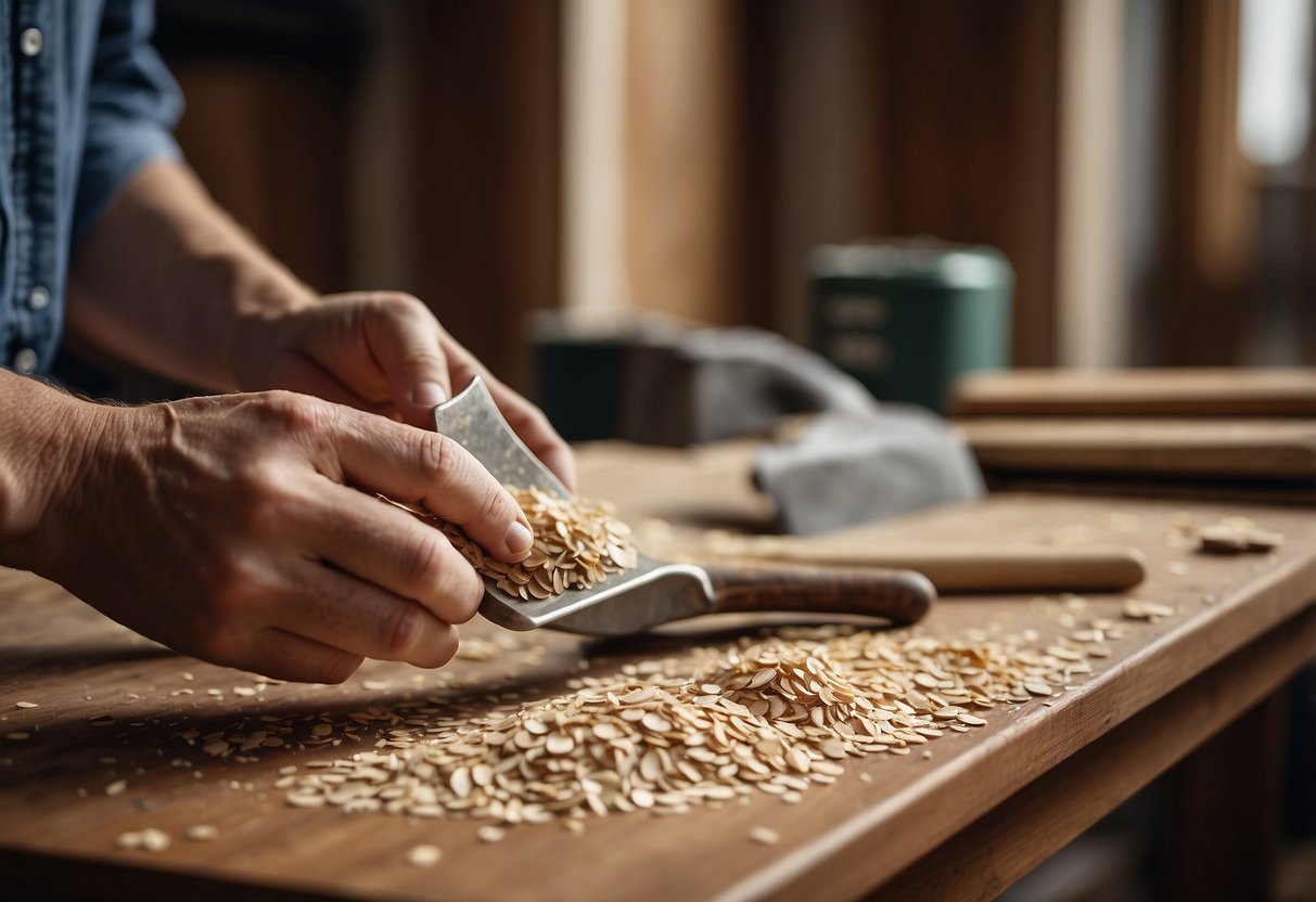 A wood repair kit sits open on a table next to a damaged wooden chair. A person is using a putty knife to fill in the wood chips with wood filler