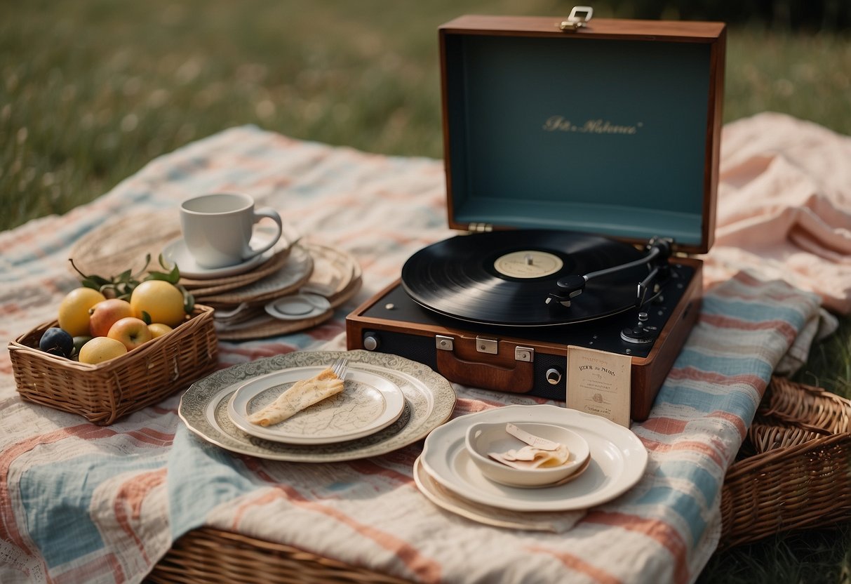 A picnic blanket spread with vintage dishes, a wicker basket, and a map of a historical location. A portable record player plays music from a themed playlist