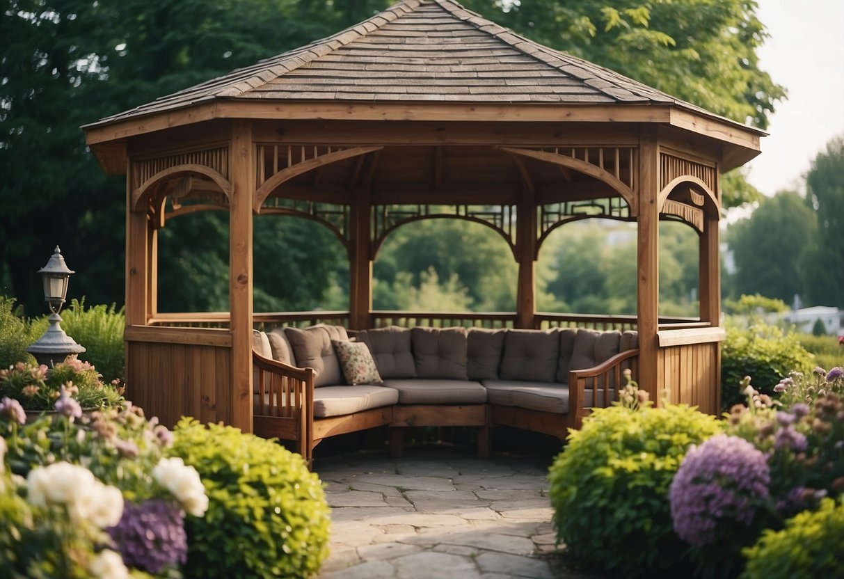 A gazebo with various seating options and decor, surrounded by lush greenery and blooming flowers