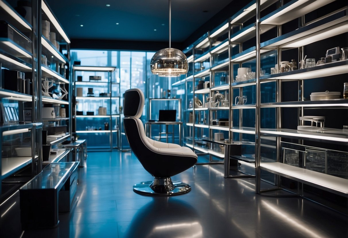 A sleek, chrome chair hovers above the ground, surrounded by holographic shelves displaying geometric-shaped lamps and metallic tables. A robotic assistant stands ready to assist customers in the futuristic furniture store