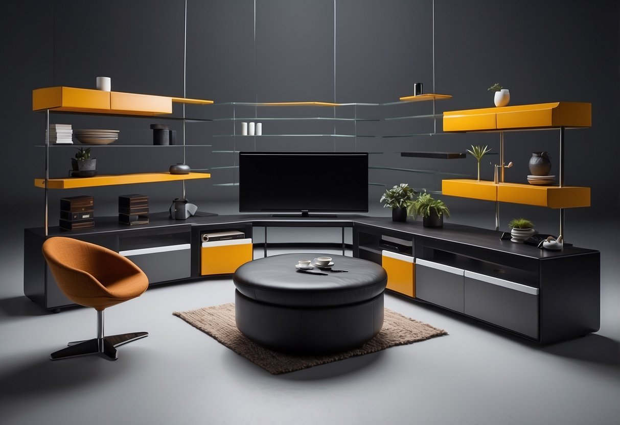 A modular furniture system arranged in various configurations, with interchangeable parts and sleek, modern design